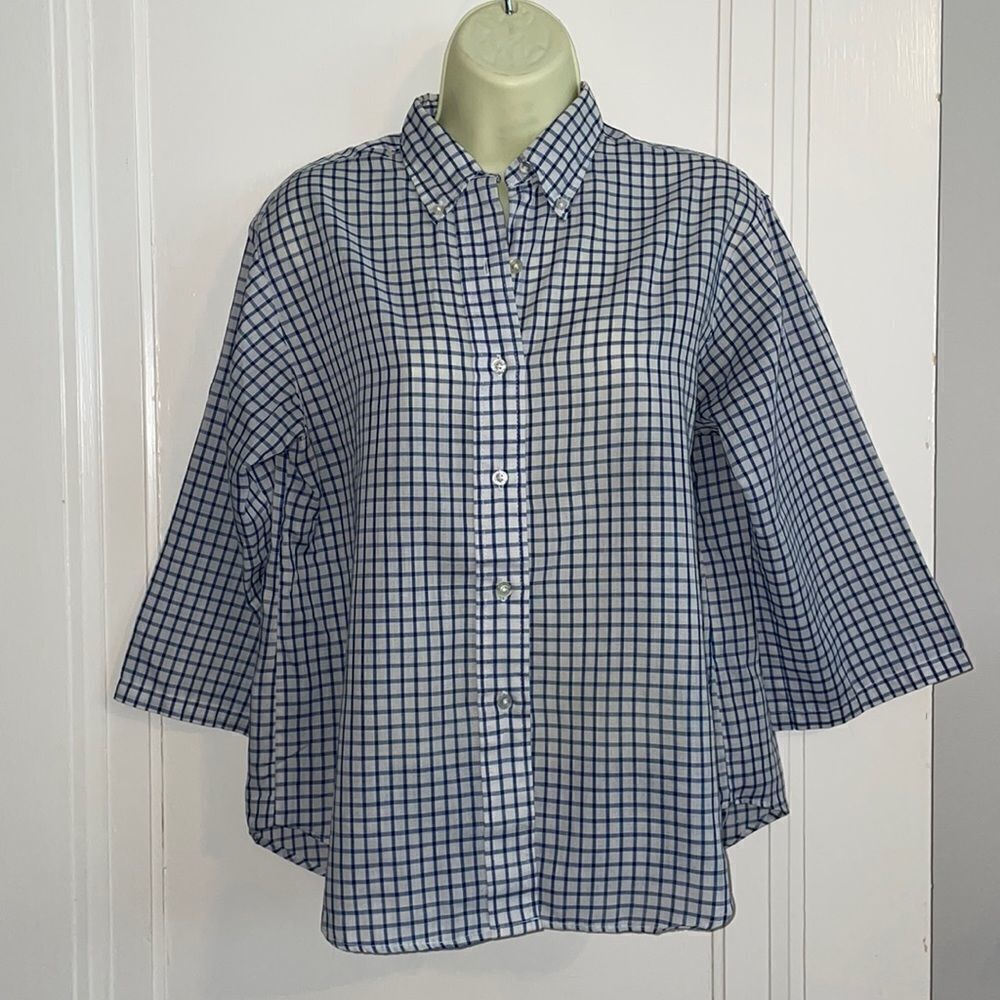 Vtg 60s/70s JCPenney blue & white checked button down‎ shirt with 3/4 sleeves